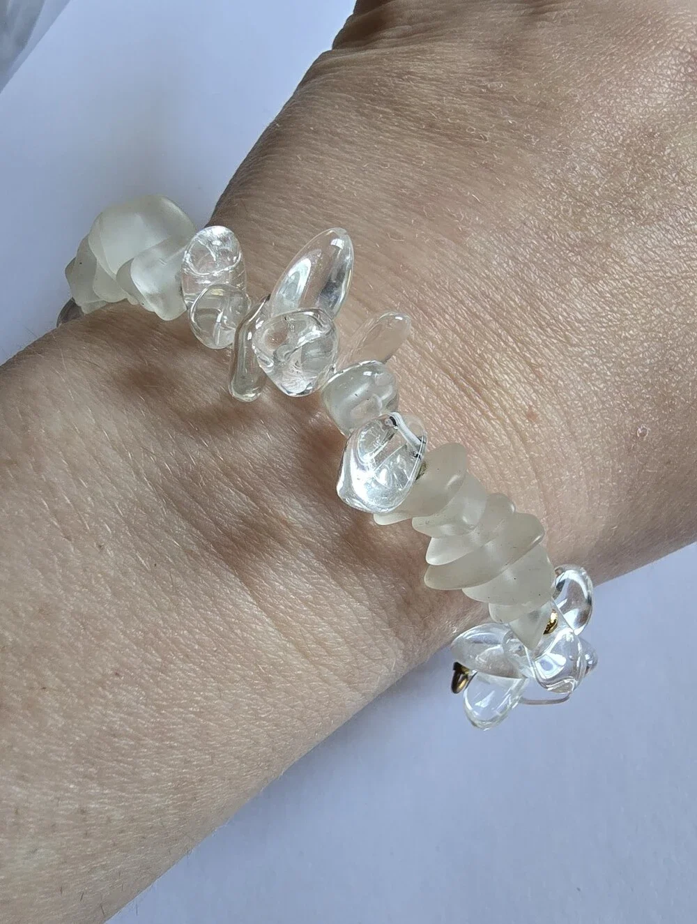 Bracelet clear and frosted beads nugget beaded gold tone boho bohemian